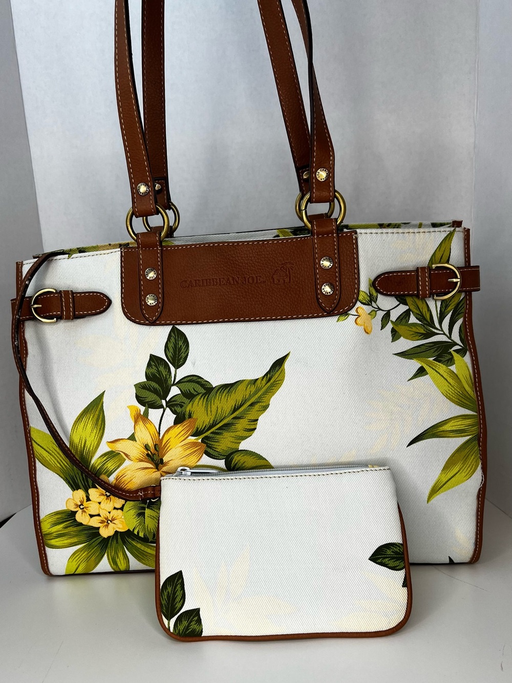 Caribbean Joe Tropical Floral Canvas Tote with Matching Zip Pouch
